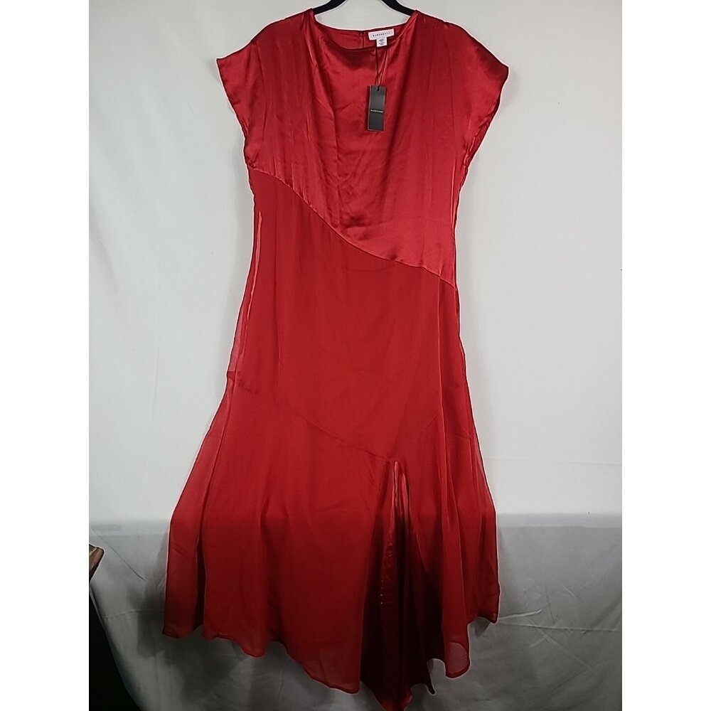Warehouse Women's Red Satin Georgette Paneling Asymmetric Hem Midi Dress Sz 8 US